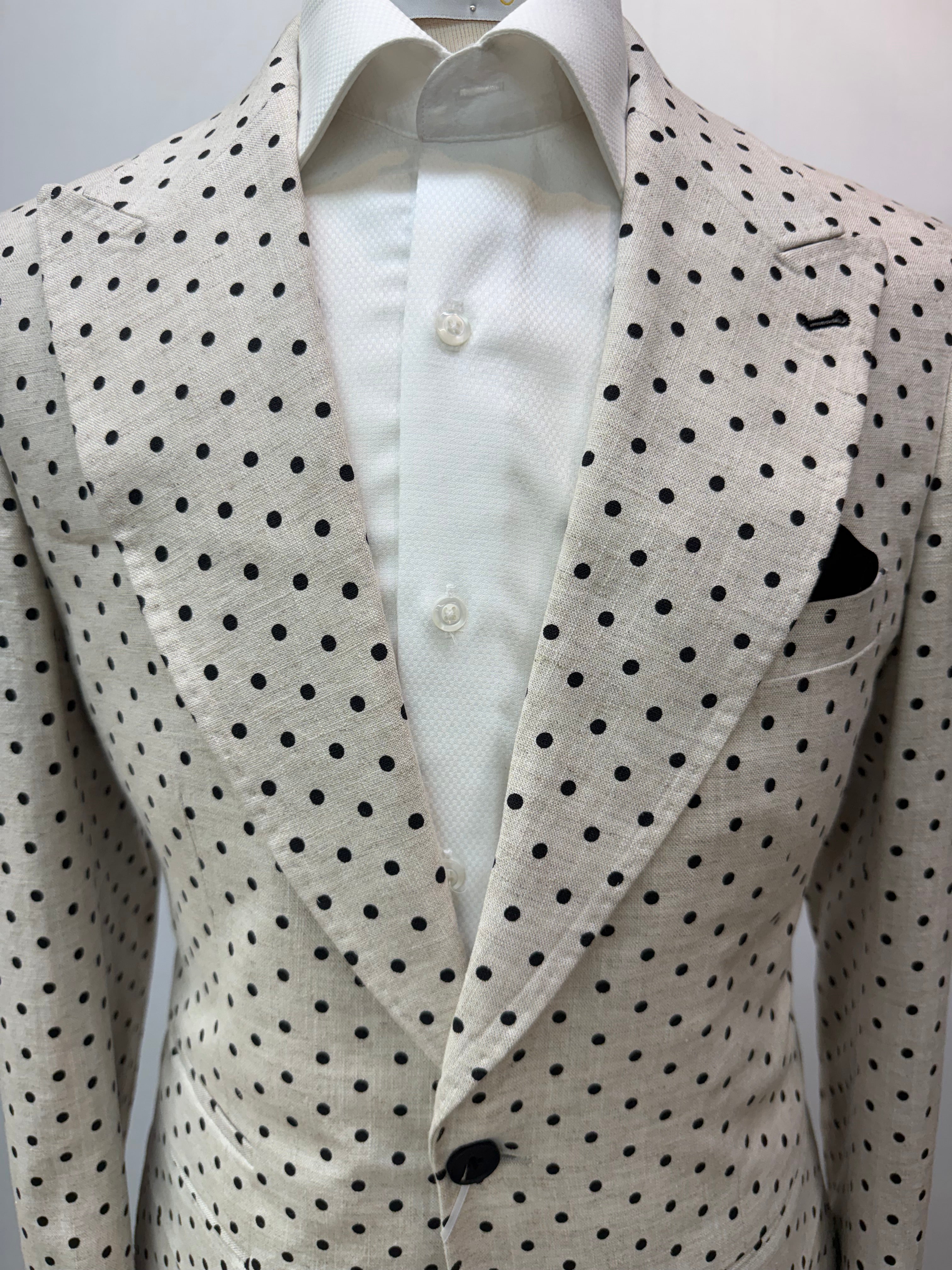 Couture Tan Black Polka Dot Coat w/Black Linen Pants