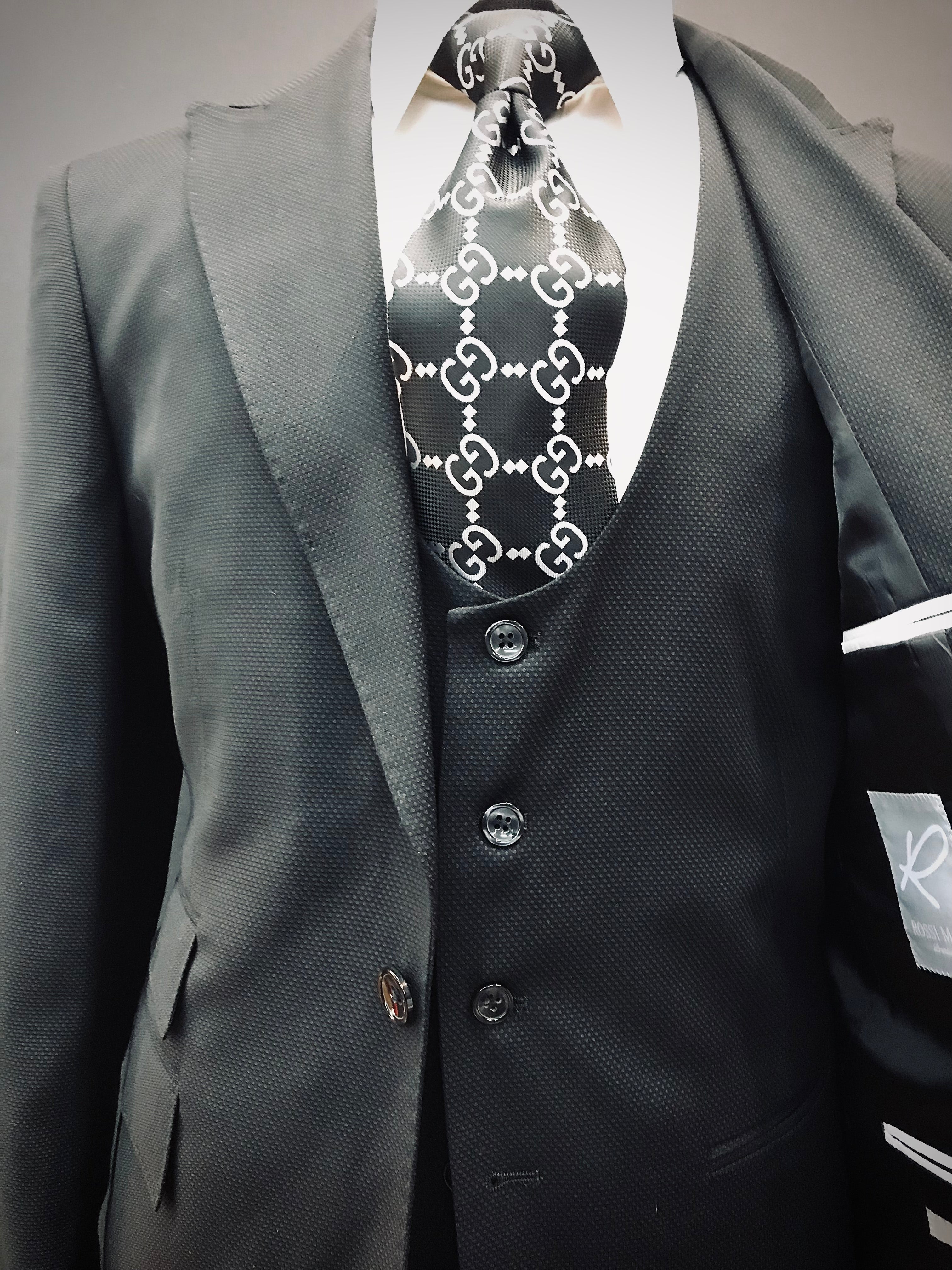 Rossi Man Slim Fit Black Birdseye 3pc Suit