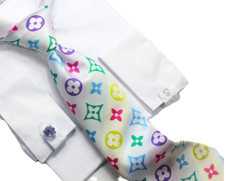 LV White Multicolored Tie