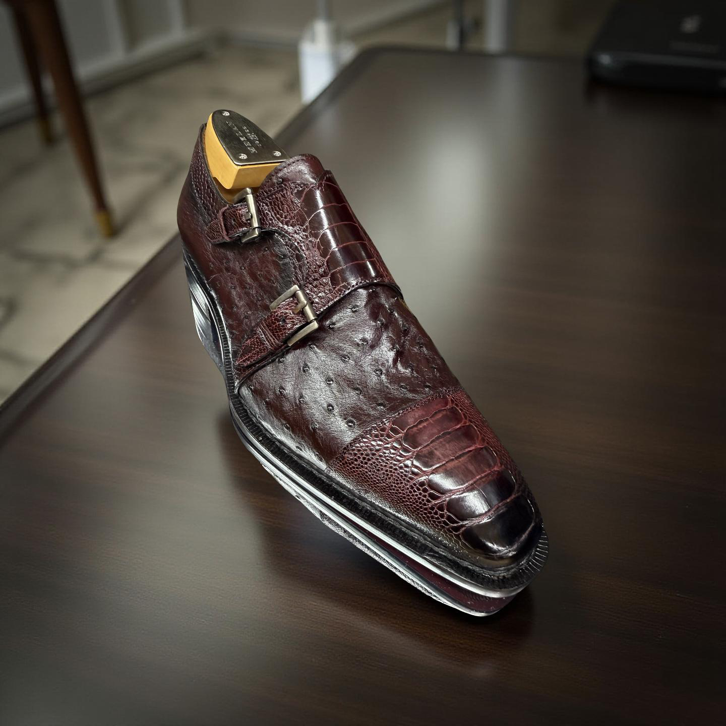 Mezlan Burgundy Ostrich Rugger Double Monkstrap