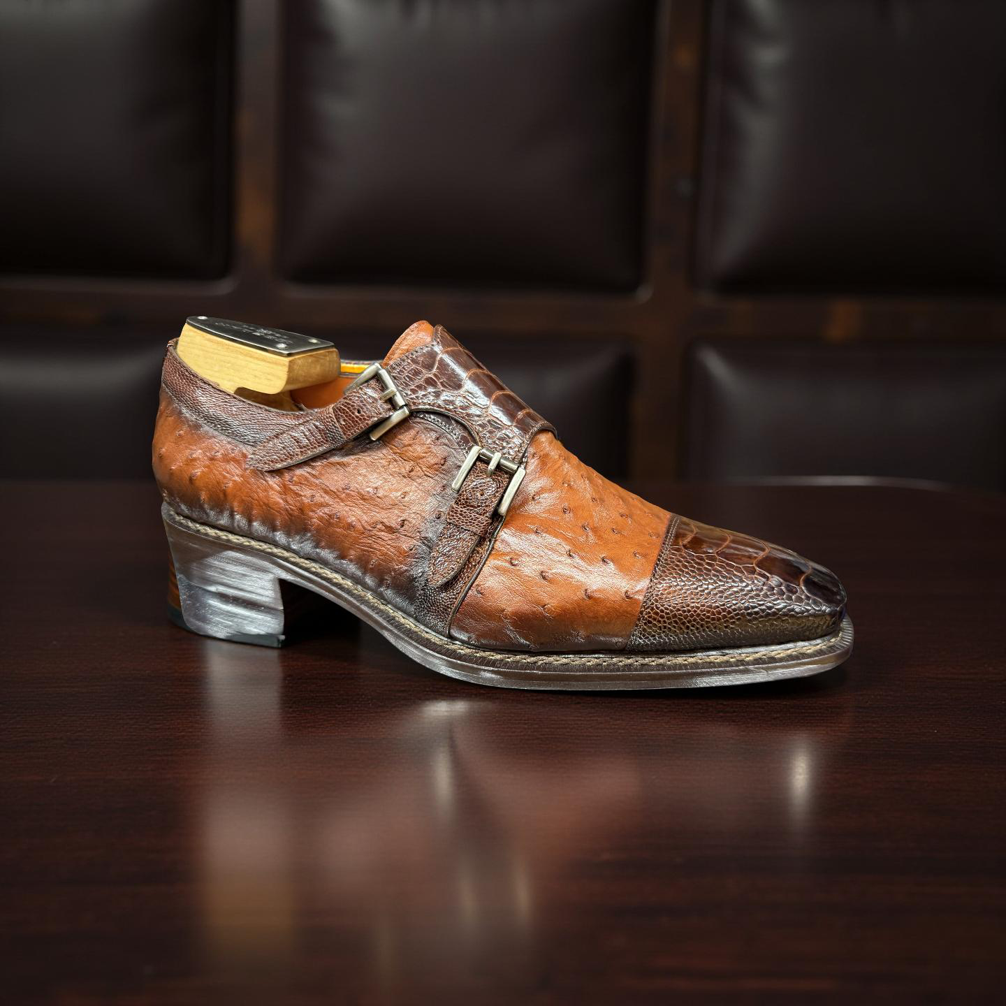 Mezlan Brown Ostrich Rugger Double Monkstrap