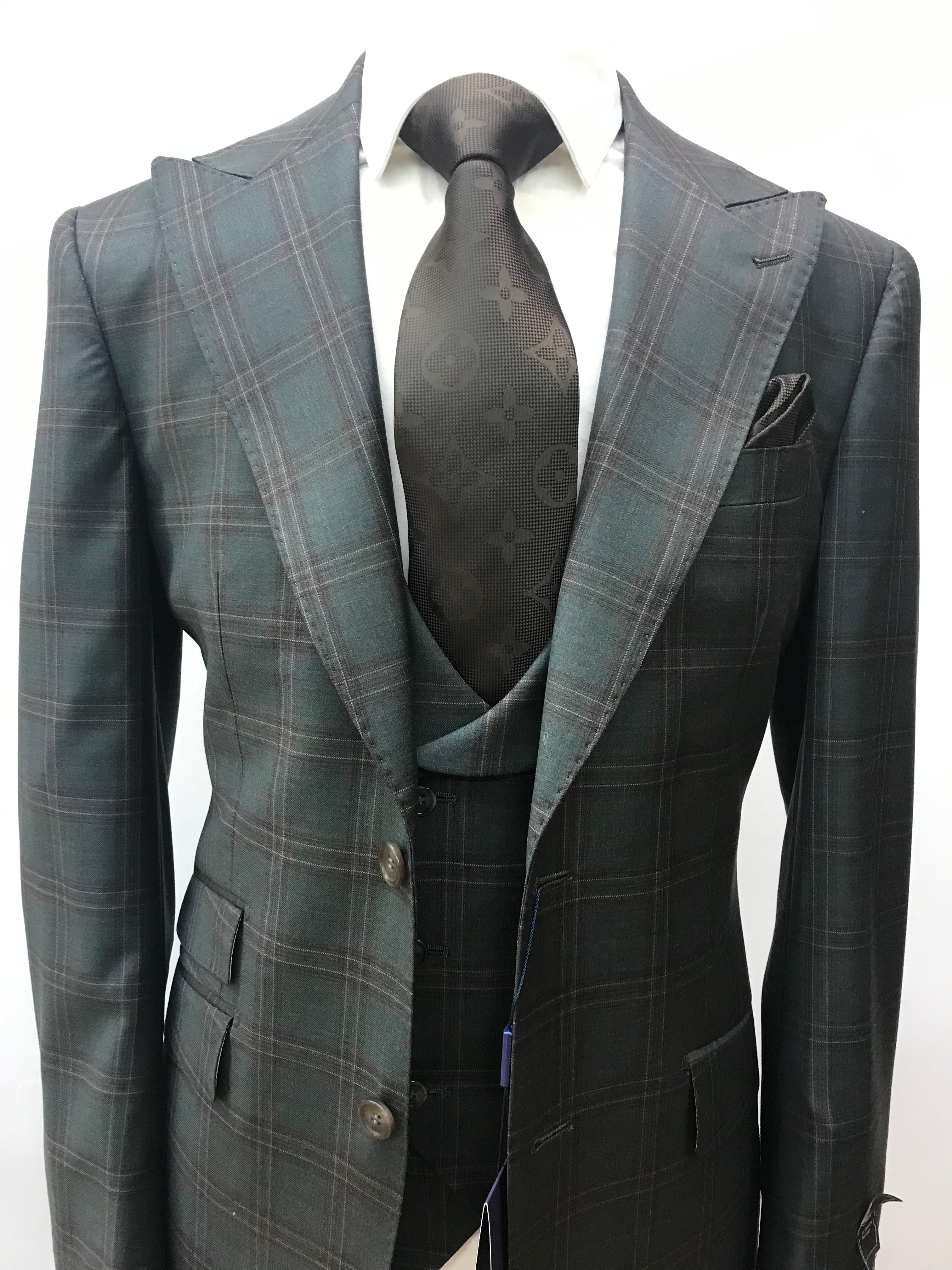 Berragamo Green /Brown Plaid 3Pc  Suit