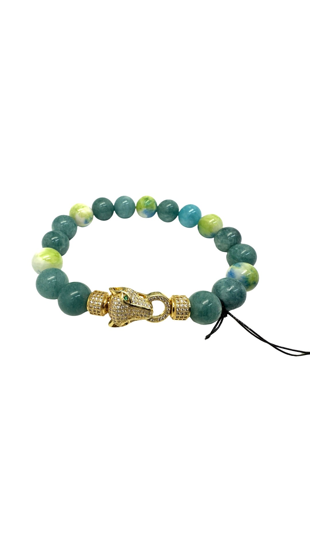 Chalcadony & Rain flower Jade w/Gold Jaguar Bracelet