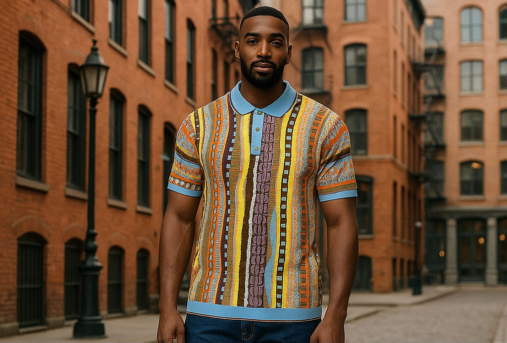 Cigar Couture Blue/Brown/Orange Short Sleeve Knit Shirt