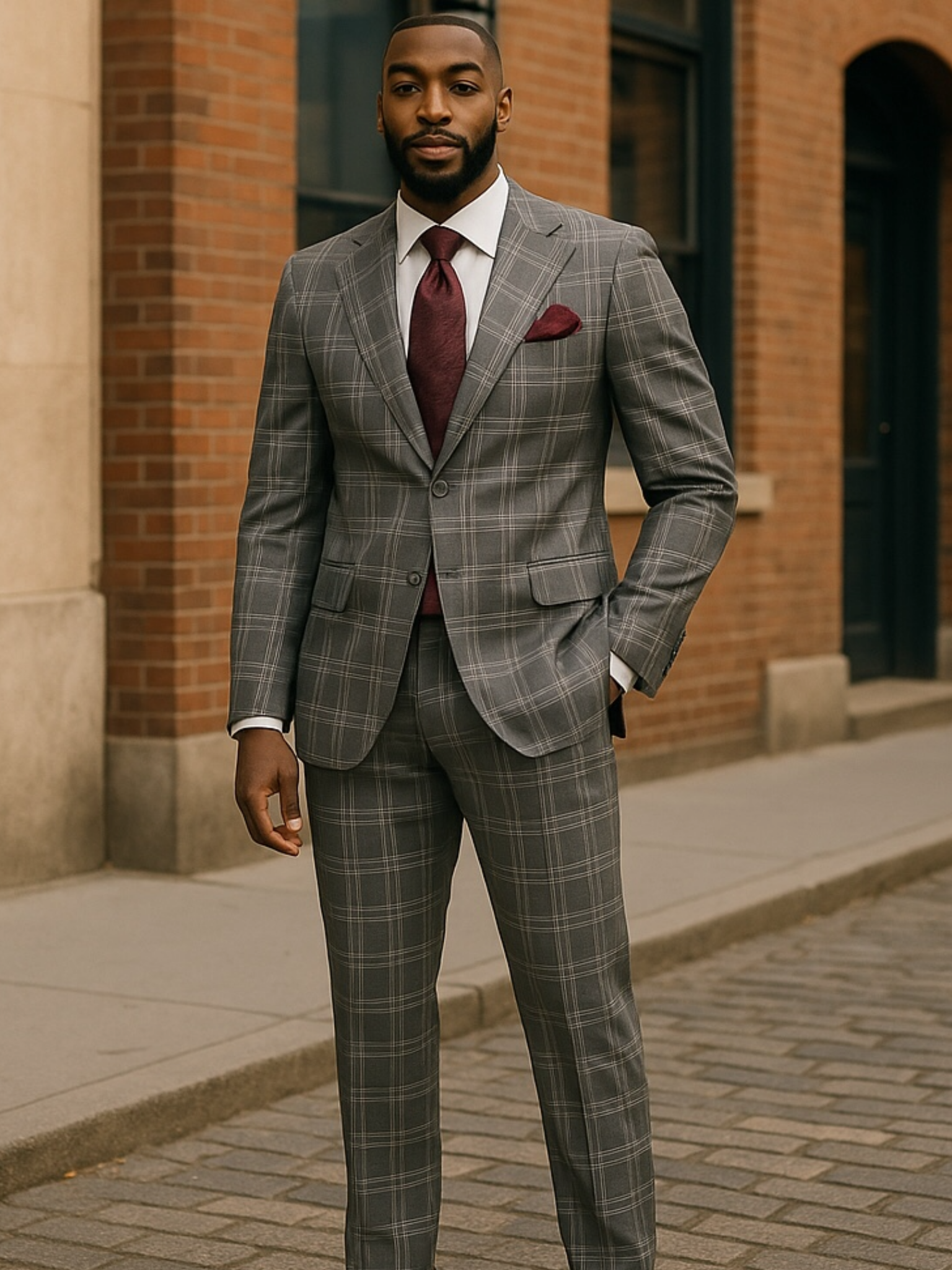 Canuti 3Pc  Gray /w Burgundy Windowpane Suit