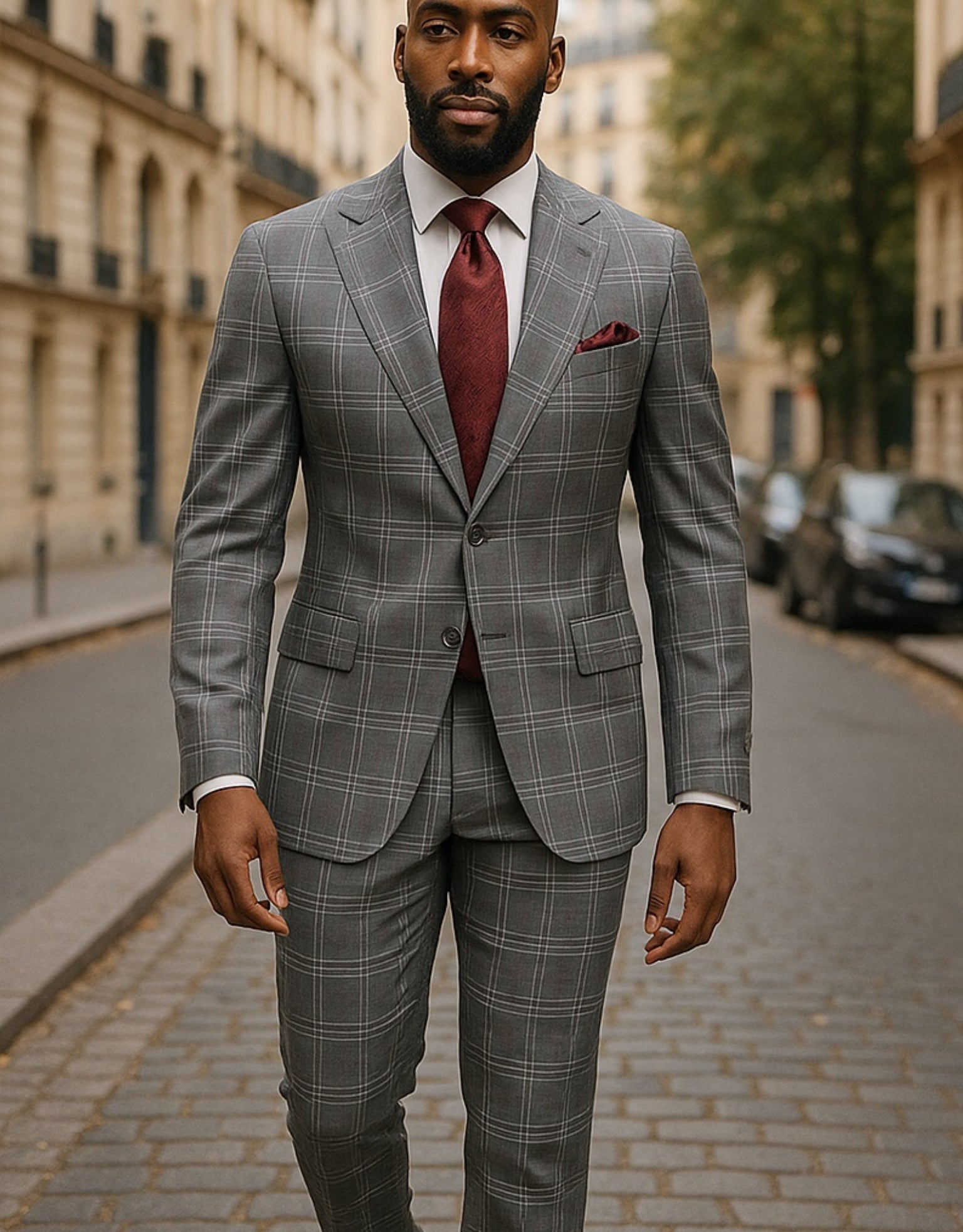 Canuti 3Pc  Gray /w Burgundy Windowpane Suit