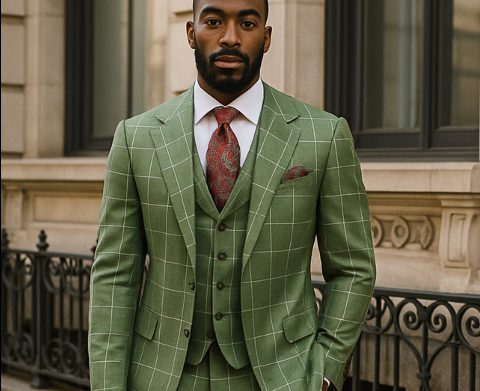 Tiglio Green/White Windowpane 3Pc  Suit