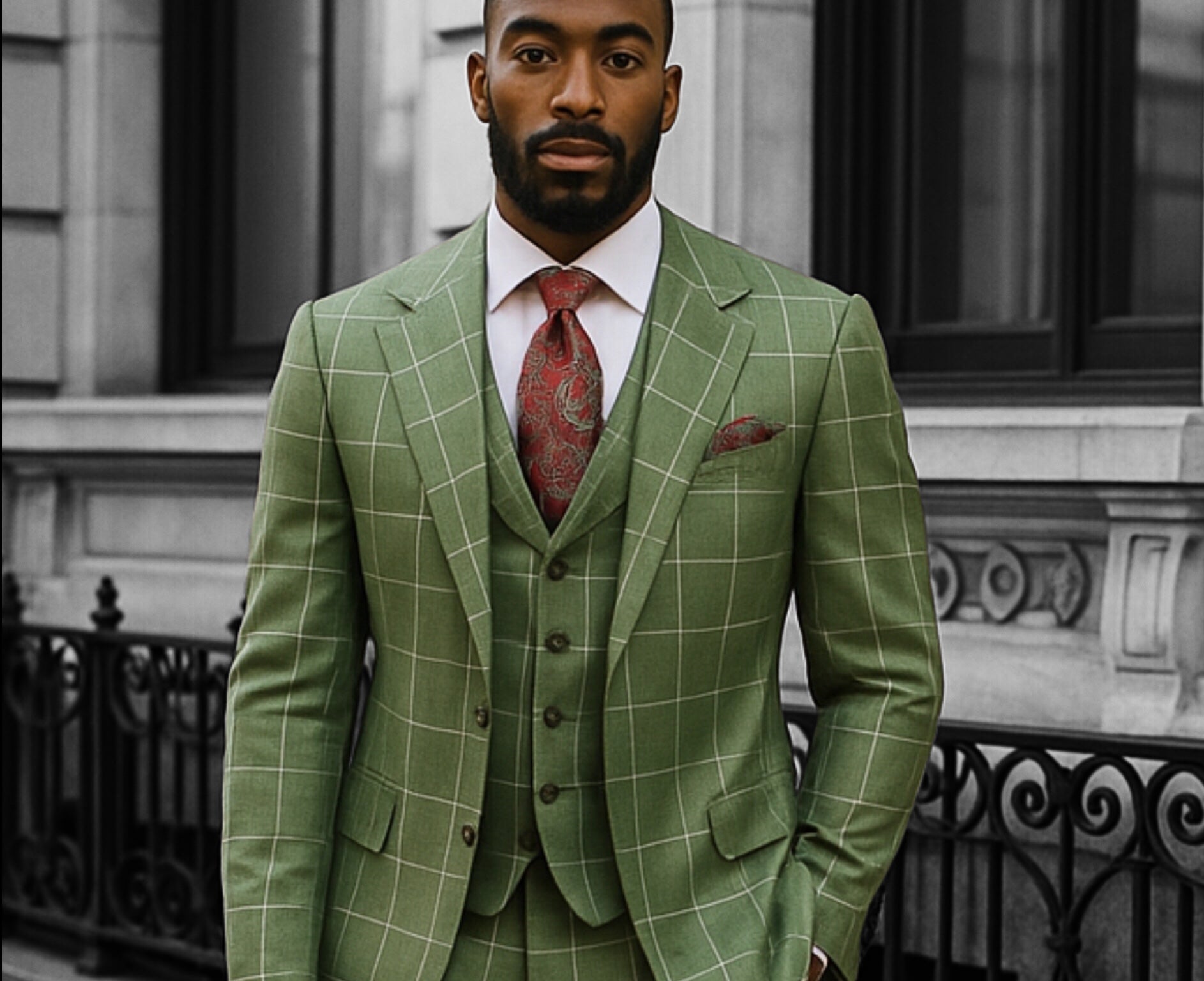 Tiglio Green/White Windowpane 3Pc  Suit