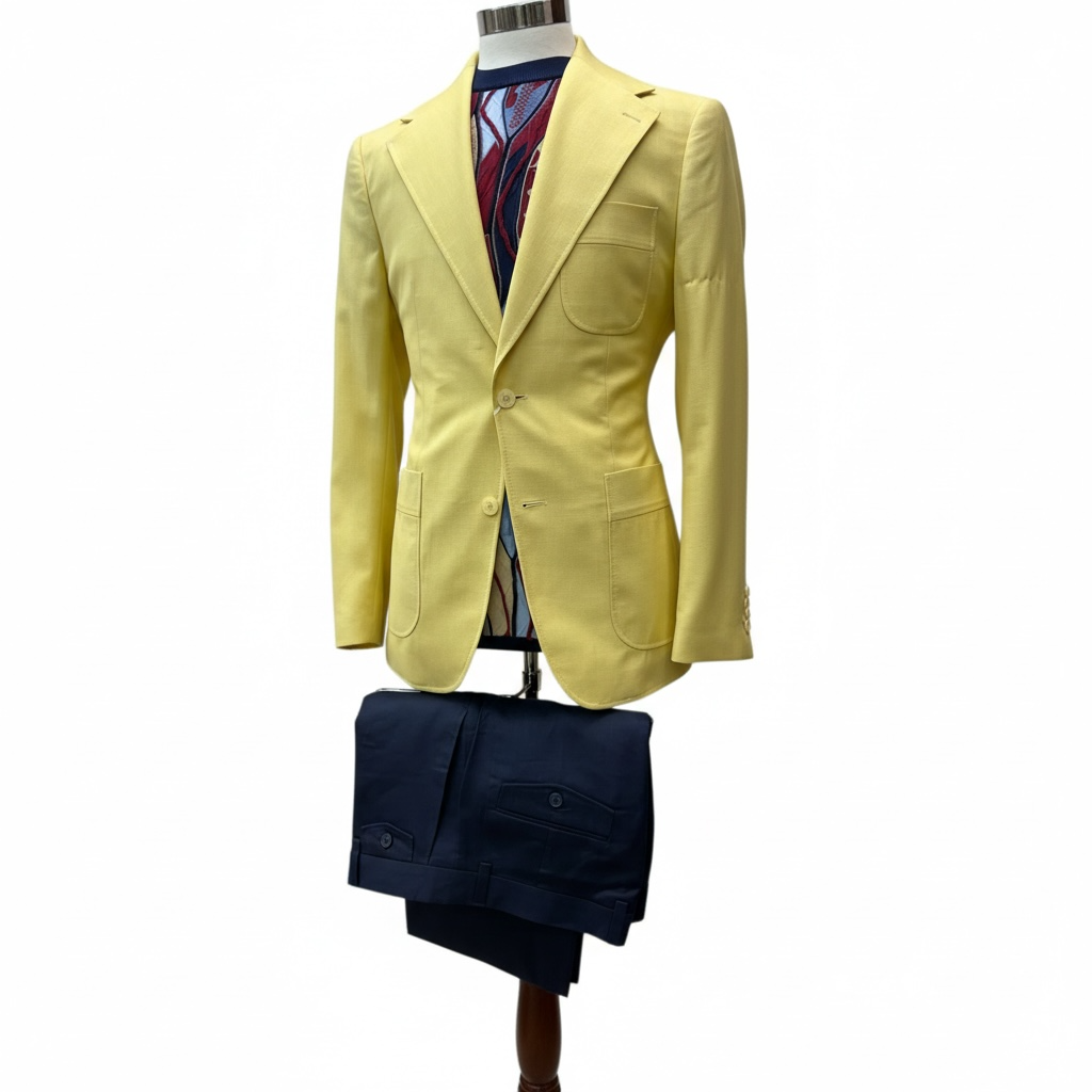 Couture Yellow Coat w/Navy Linen Pants