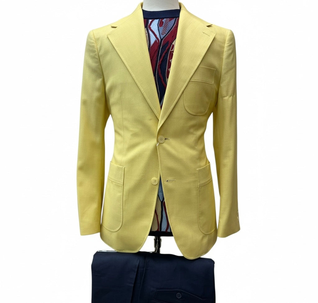 Couture Yellow Coat w/Navy Linen Pants