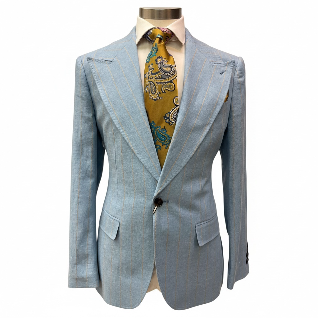 Couture Linen - Powder Blue/Tan Pinstripe