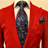 Red Jacket with Navy Double Pick Stitch Detailing w/Tartan Blue Flat Front Pants
