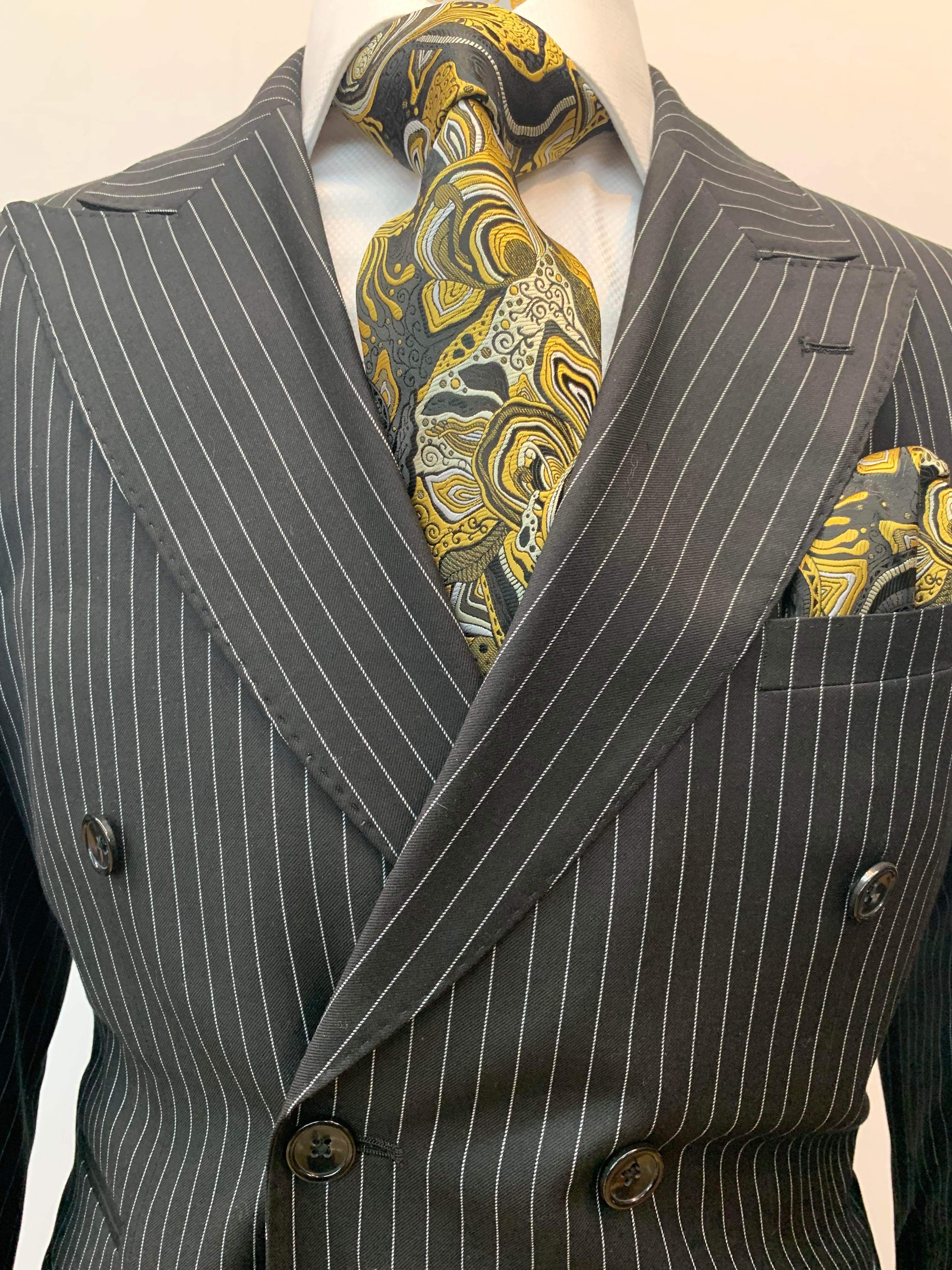 Carelli Slim Fit Black Pinstripe Double Breasted Suit