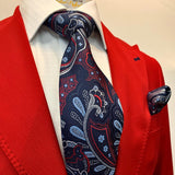 Red Jacket with Navy Double Pick Stitch Detailing w/Tartan Blue Flat Front Pants